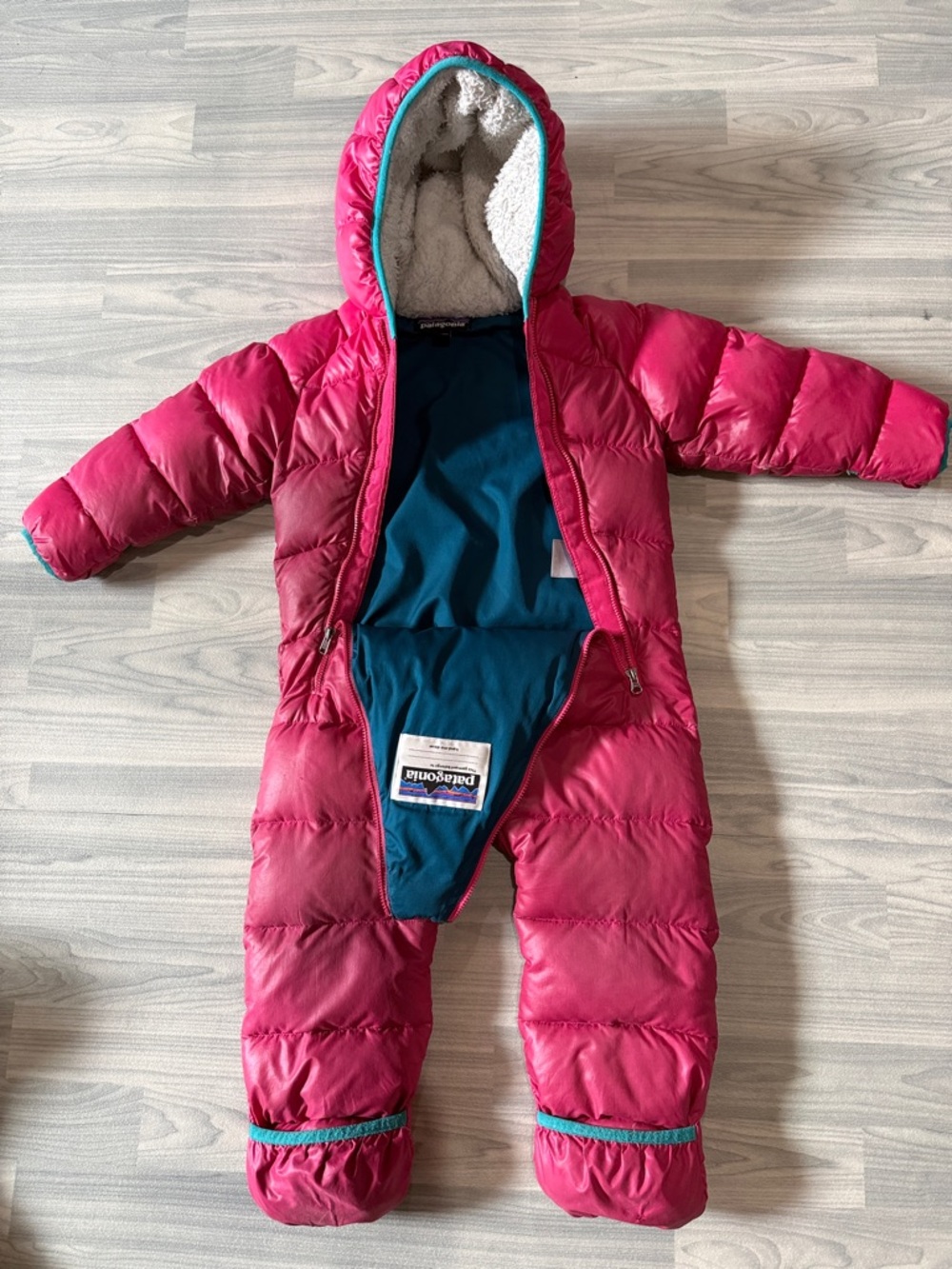 Patagonia Hot Pink Baby Hooded Puffer Bunting with Teal Lining